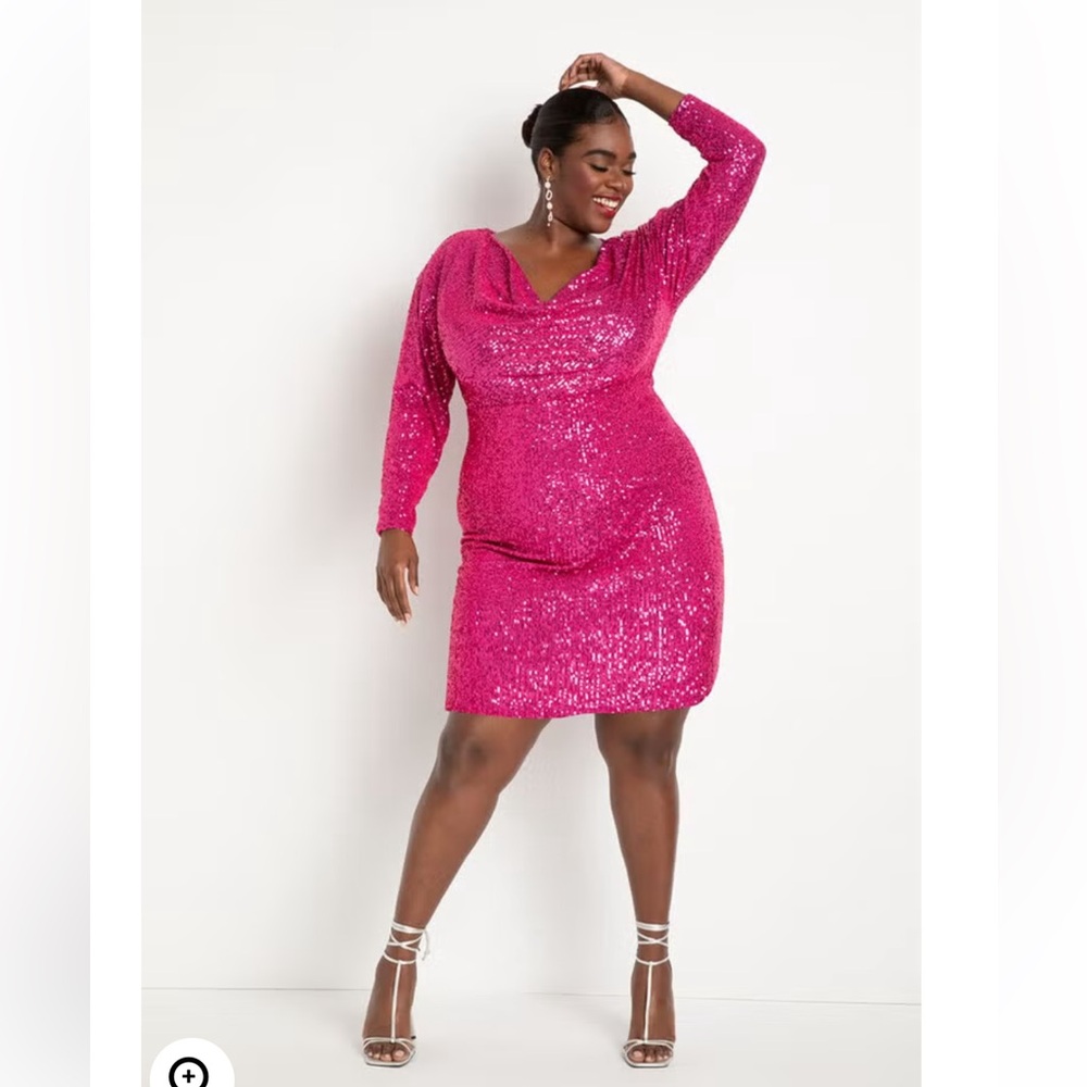 ELOQUII $150 Mini Cowl Sequin Dress Festival Fuchsia Size 16